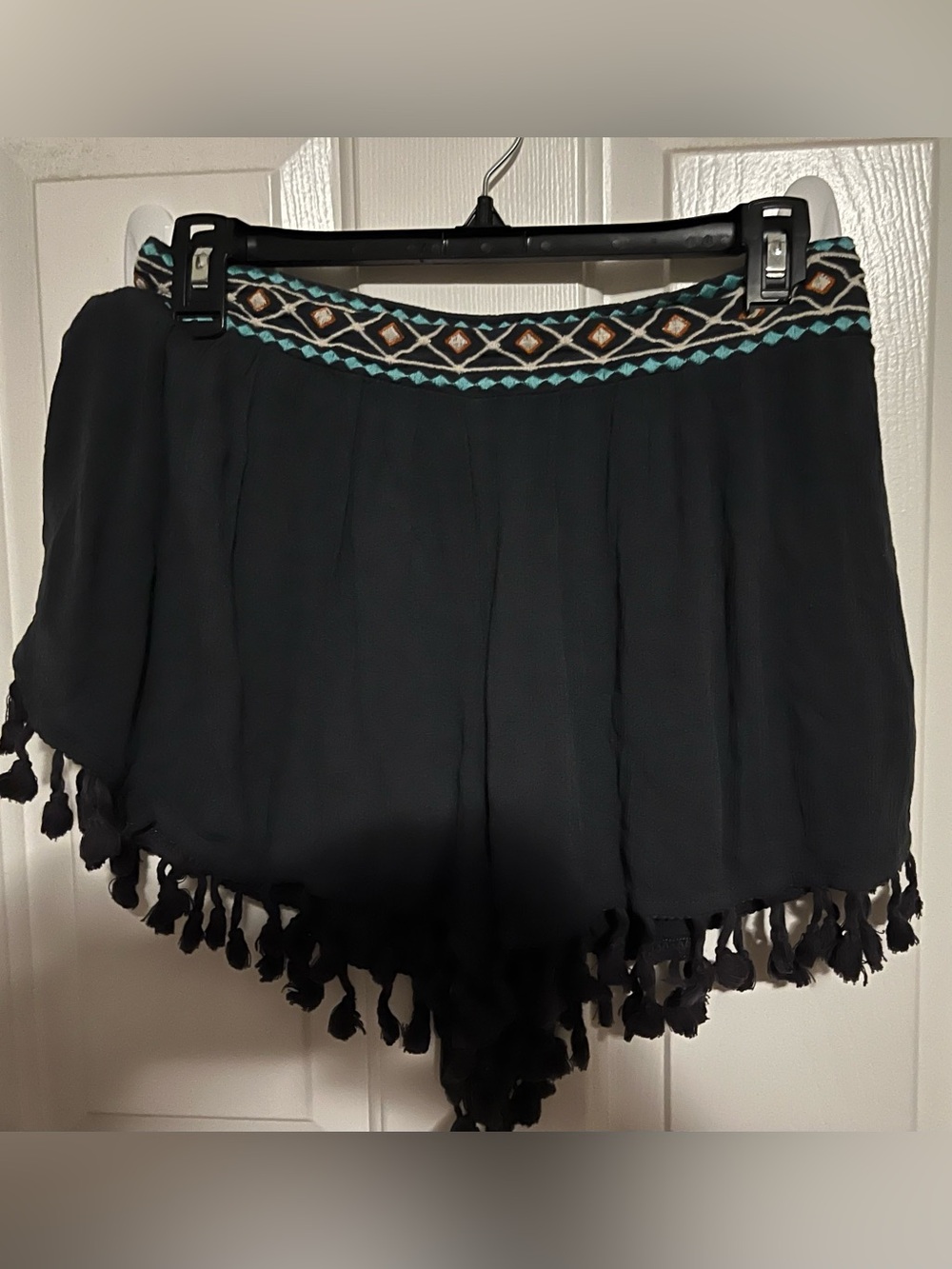 coco and jameson dark grey gauzy tassel trim shorts with embroidered waistband